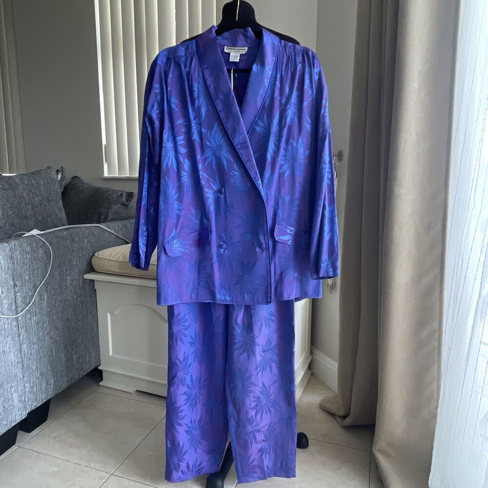 Y2K Lauren Alexandra Jacquard Satin Floral Pajama Set Iridescent Purple Bleu M